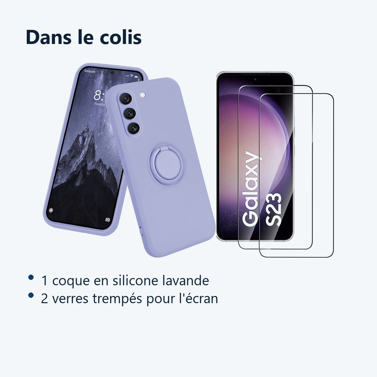 Contenu du colis – Coque Silicone Pour Samsung S23 5G Couleur Lavande Avec Anneau Support + 2 Verres Trempe Protection Ecran