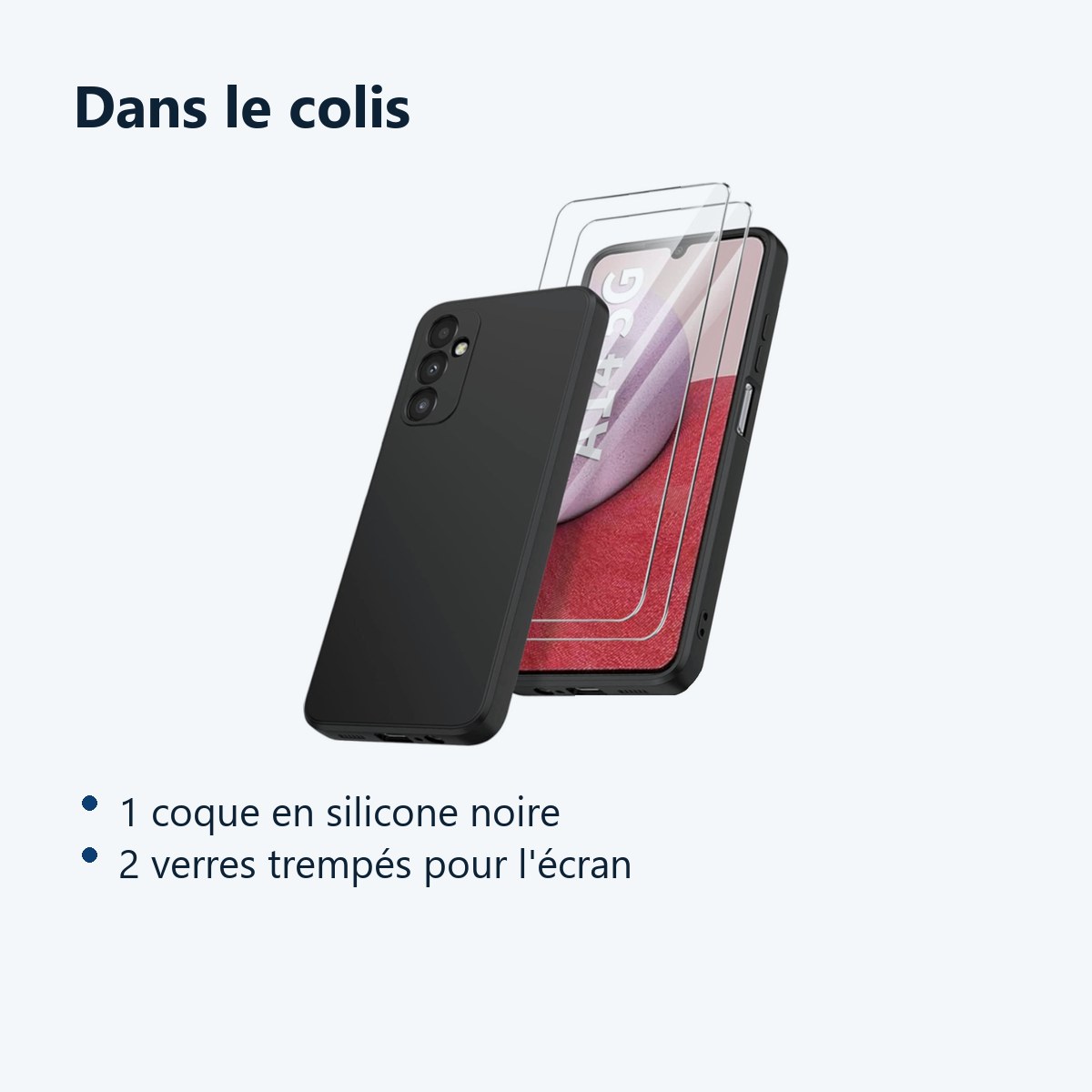 Contenu du colis – Coque Silicone Noir + 2 Verres Trempes Pour Samsung Galaxy A14 4G / 5G