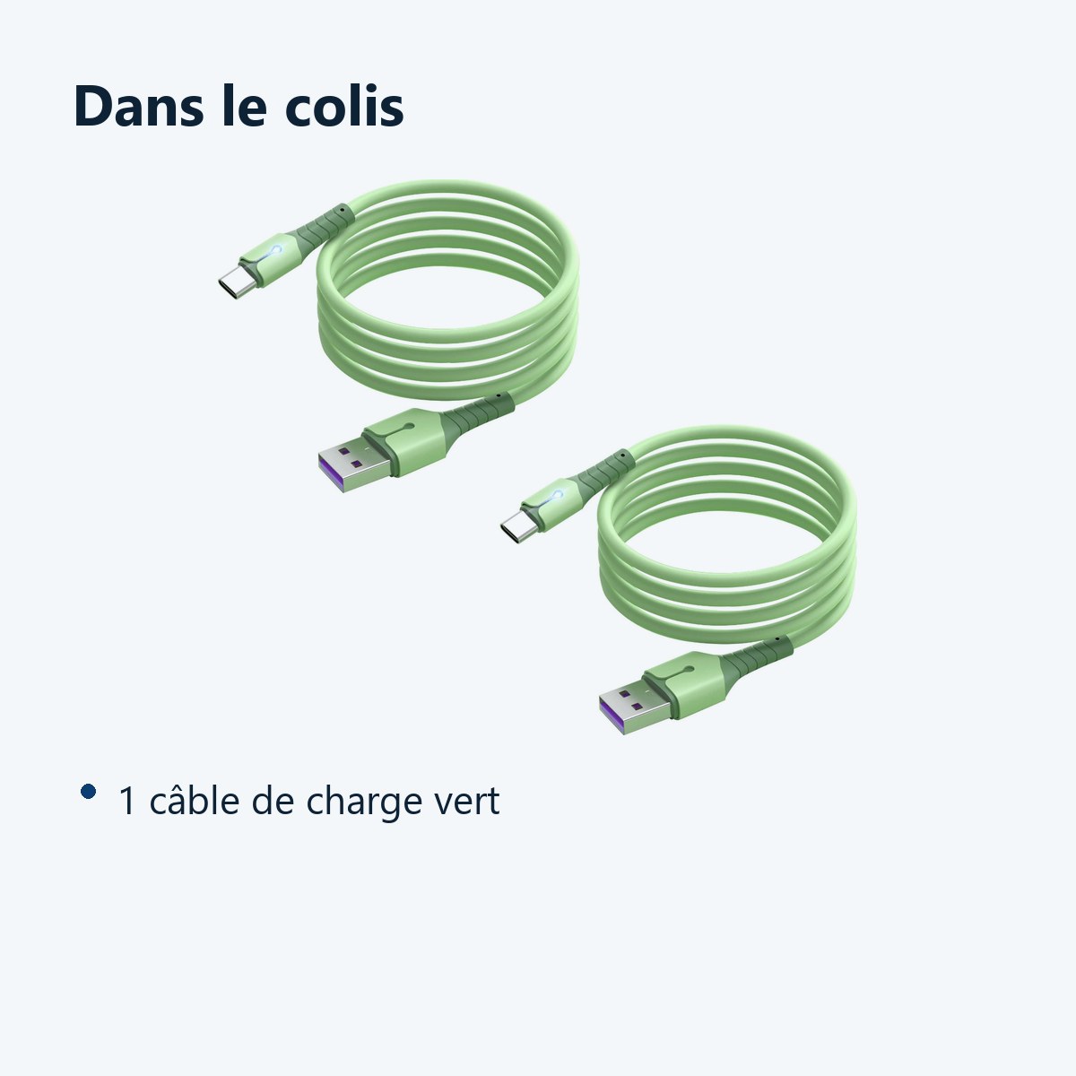 Contenu du colis – Cables X2 USB-Type C Charge Rapide 3A Silicone Vert 2m Pour Smartphone Xiaomi / Oppo / Vivo / Realme / Pix