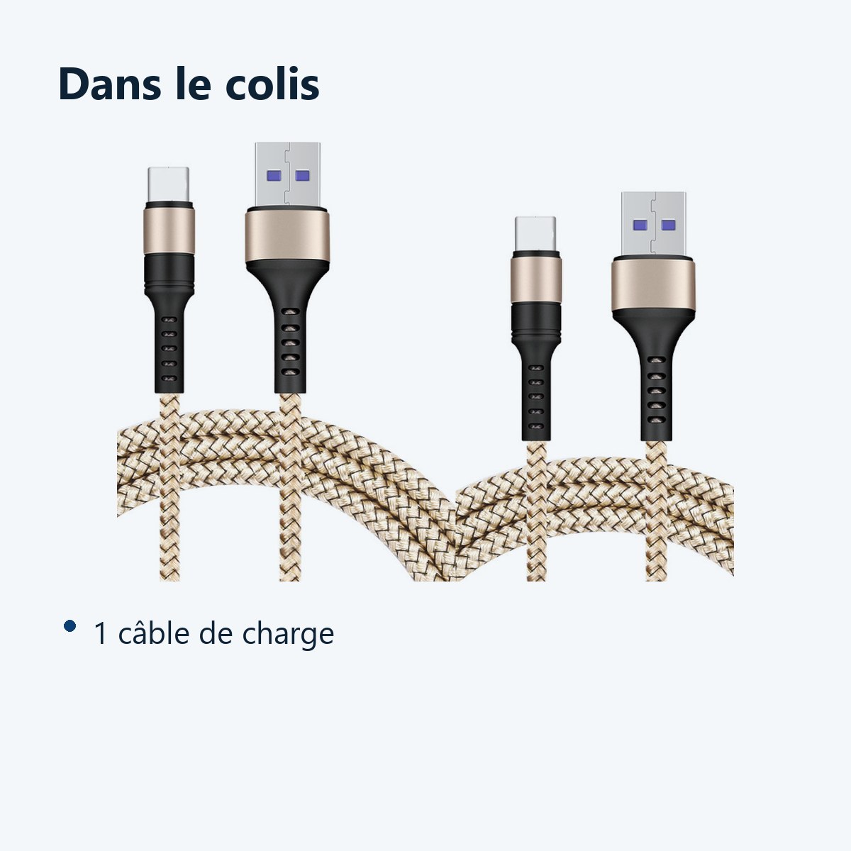 Contenu du colis – Cables X2 USB / Type-C Charge Rapide 3A Nylon Renforce Or 1m Pour Smartphone Xiaomi / Oppo / Vivo / Realm