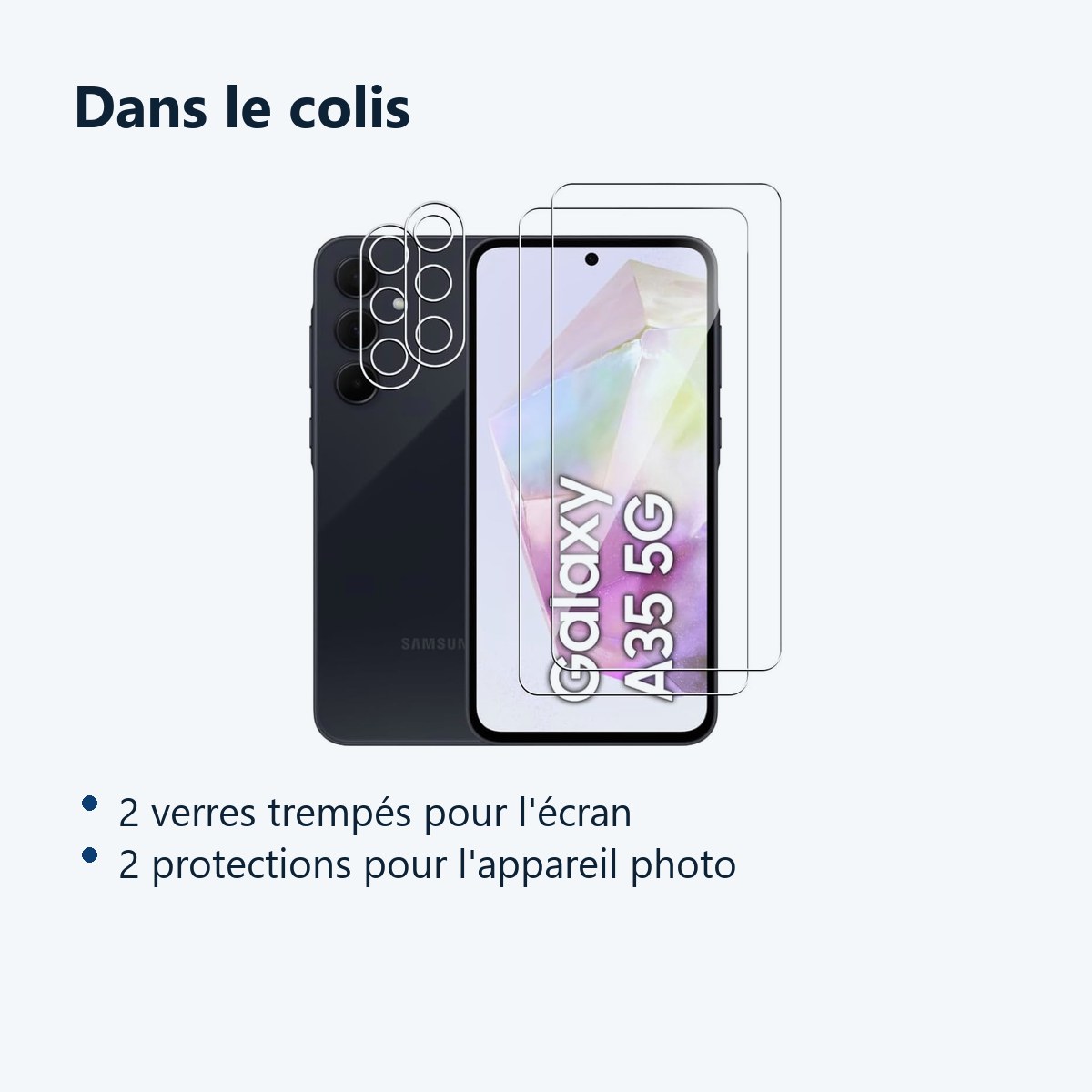 Contenu du colis – Verres Trempes et Protections Camera Arriere Transparent X2 Pour Samsung Galaxy A35