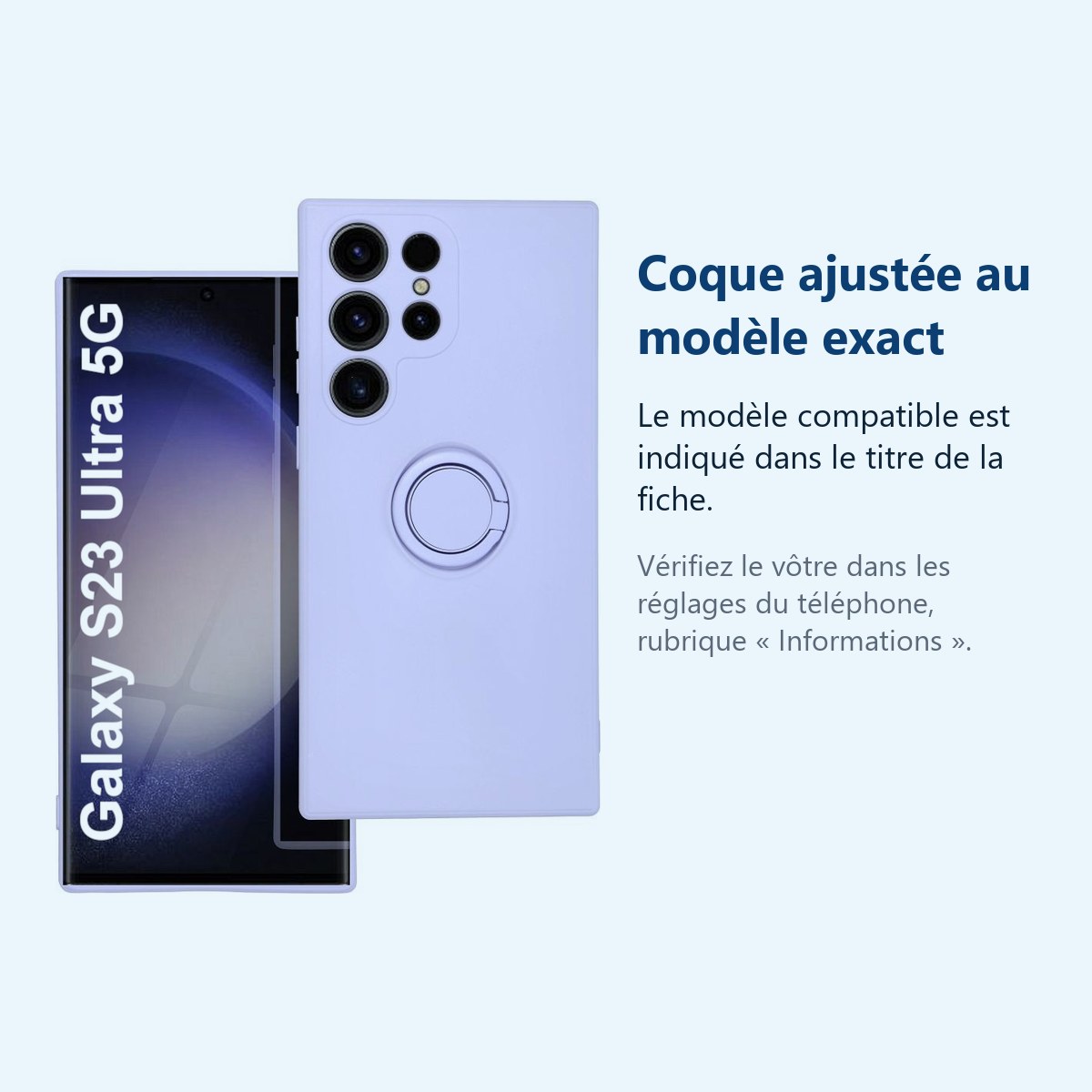 Accessoire ajusté au modèle exact – Coque avec Anneau Support Lavande pour Samsung Galaxy S23 Ultra –