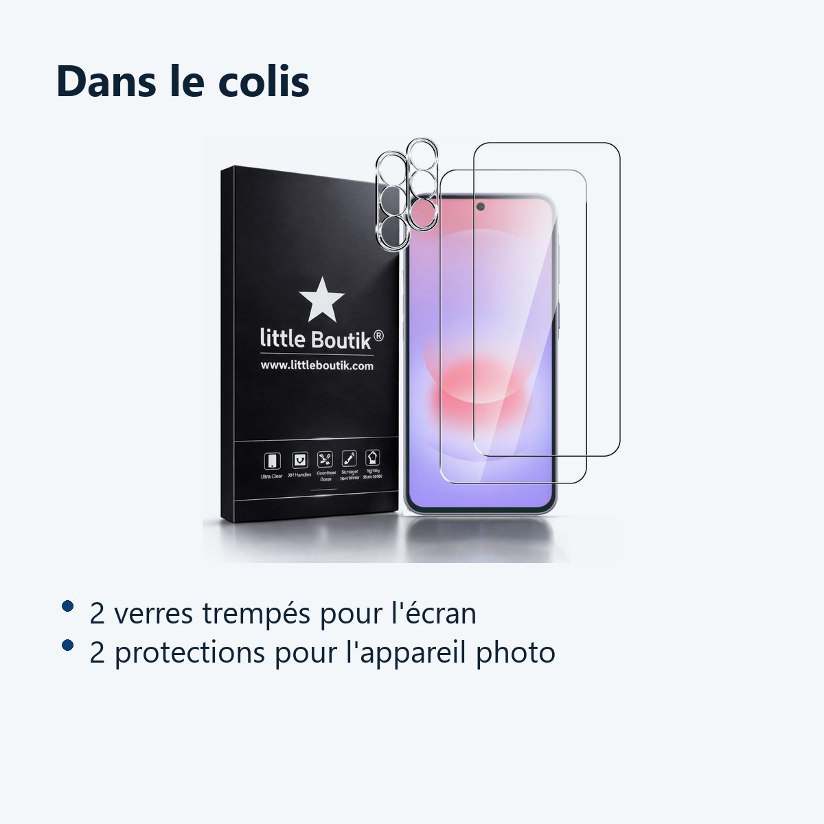 Contenu du colis – Verres Trempes et Protections Camera Arriere Transparent X2 Pour Samsung Galaxy A37