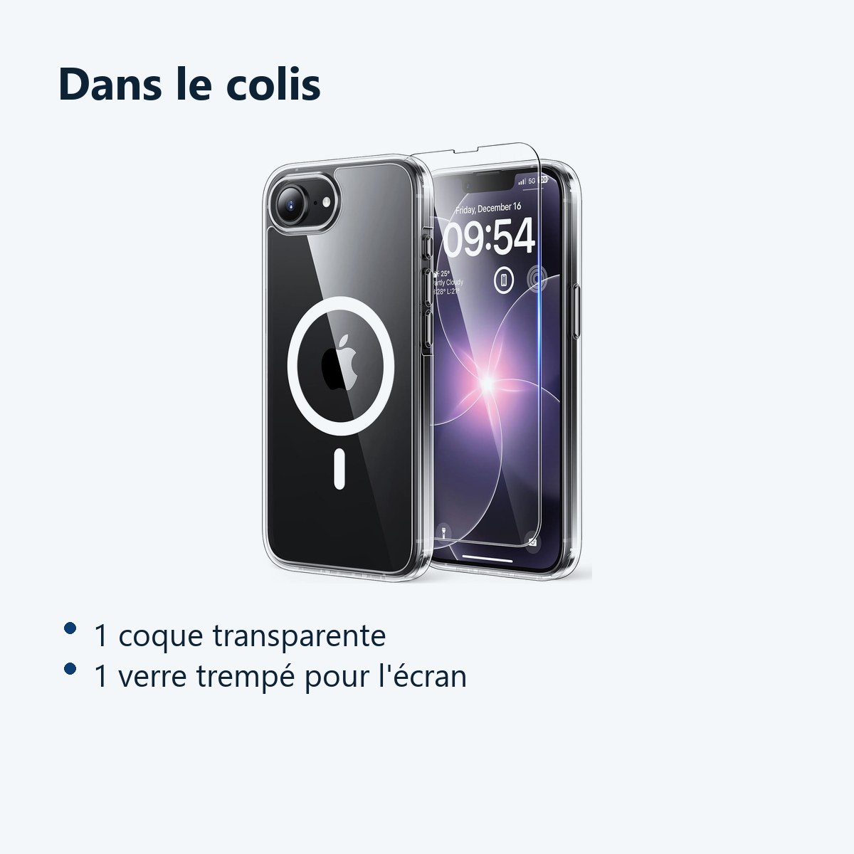 Contenu du colis – Coque Silicone Transparente Compatible Magsafe + Verre Trempe Pour iPhone 17e