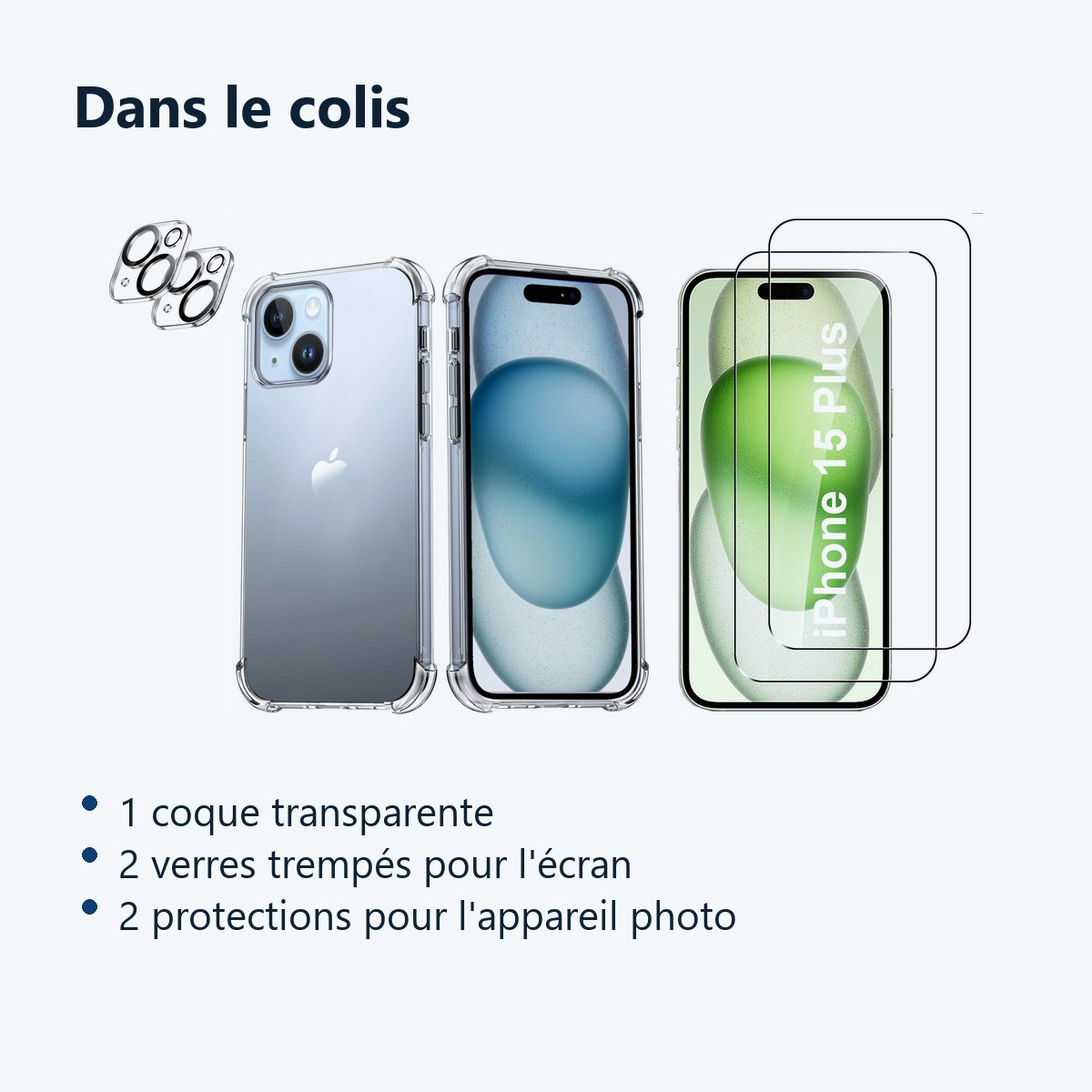 Contenu du colis – Coque Silicone Transparente Angles Renforces + Verres Trempes et Protections Camera Arriere X2 Pour iPhone