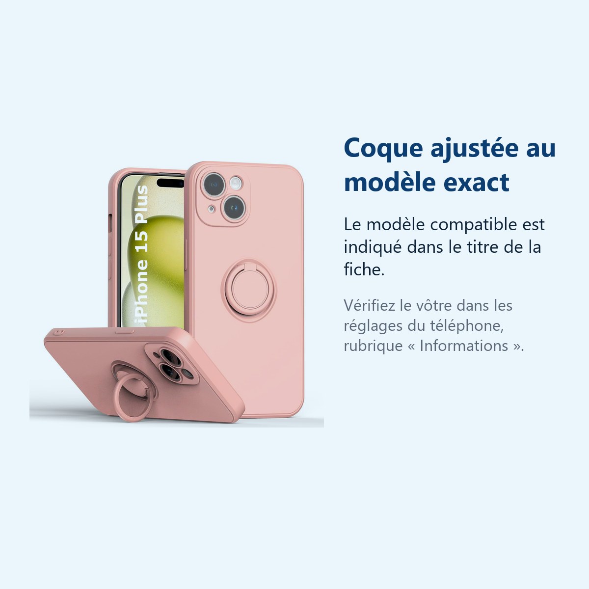 Accessoire ajusté au modèle exact – Coque Silicone Pour iPhone 15 Plus Couleur Rose Avec Anneau Support
