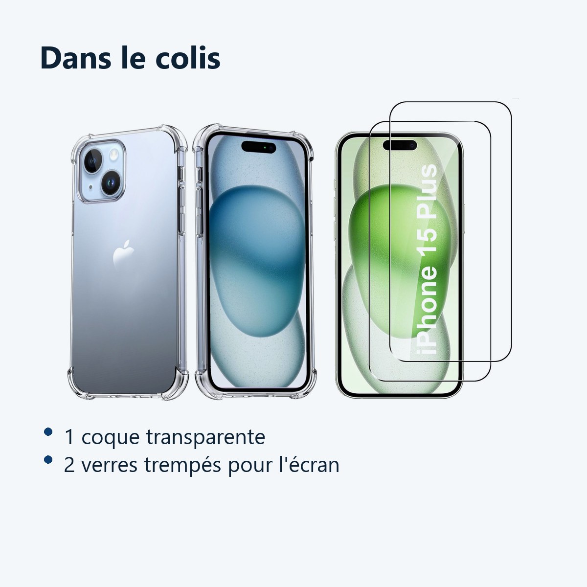 Contenu du colis – Coque Silicone Transparente Angles Renforces + 2 Verres Trempes Pour iPhone 15 Plus