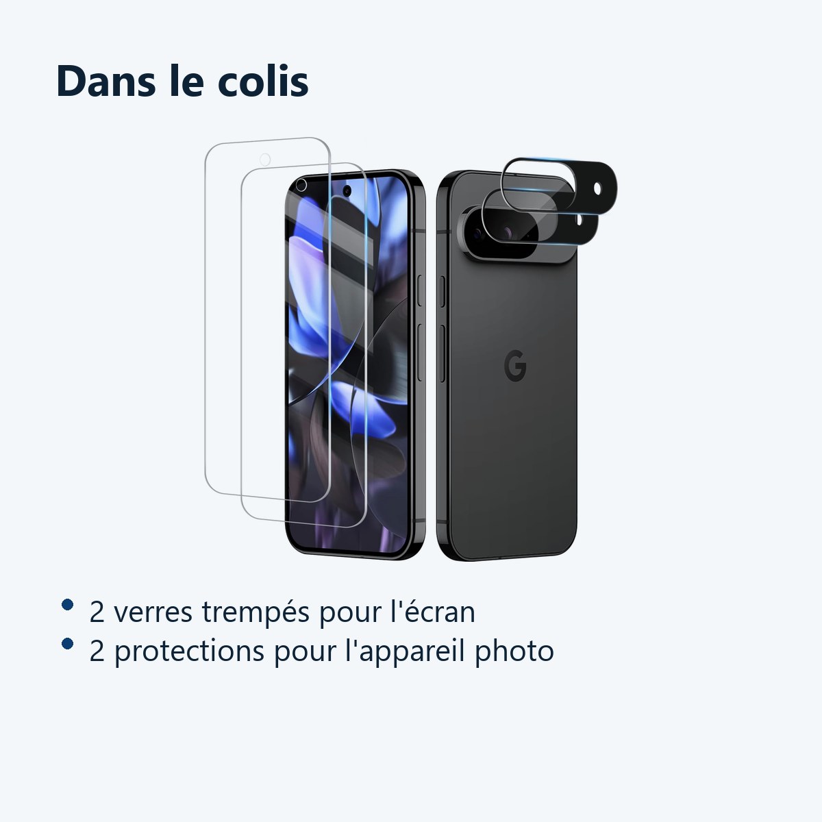 Contenu du colis – Verres Trempes et Protections Camera Arriere Pack X2 Pour Pixel 9