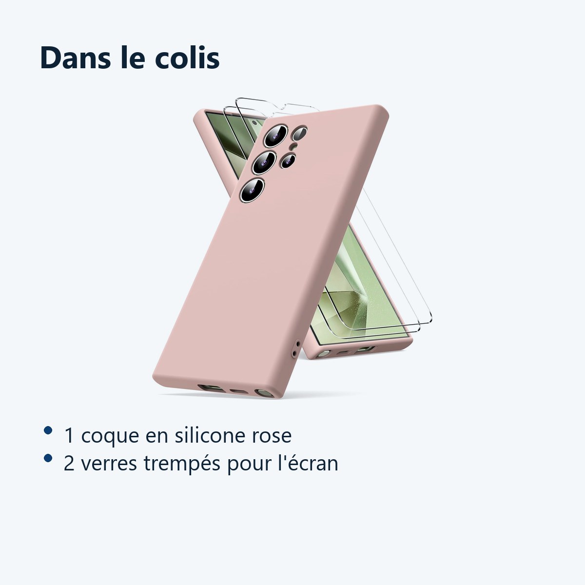 Contenu du colis – Coque Pour Samsung Galaxy S24 Ultra Silicone Rose + 2 Verres Trempes
