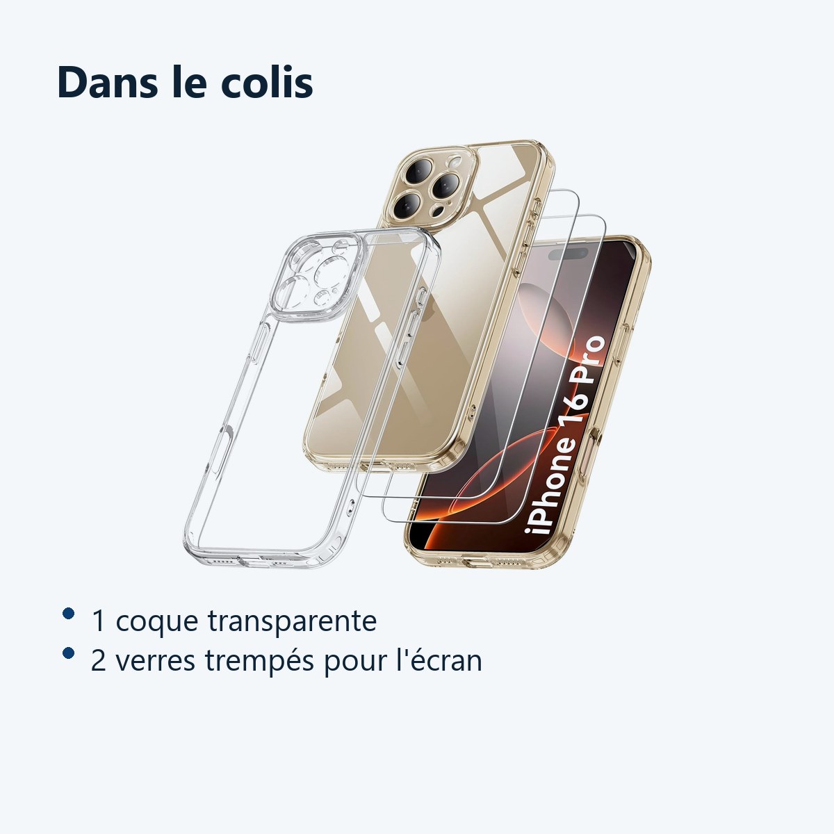 Contenu du colis – Coque Silicone Transparente + 2 Verres Trempes Pour iPhone 16 Pro