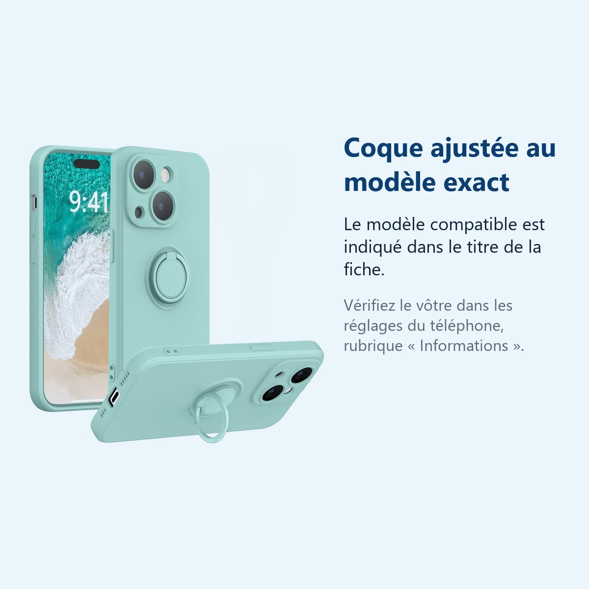 Accessoire ajusté au modèle exact – Coque Silicone Pour iPhone 14 Plus Couleur Vert Avec Anneau Support