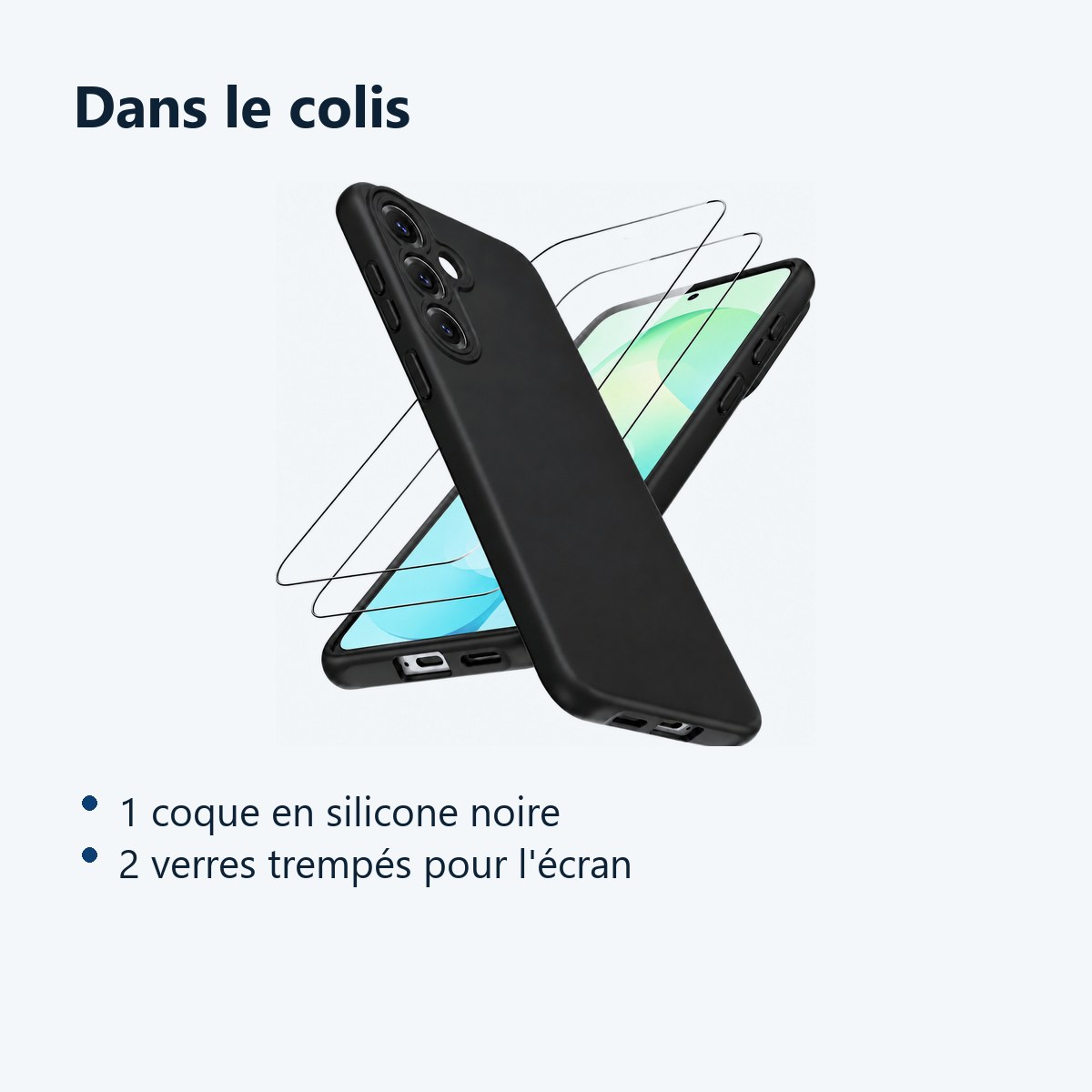 Contenu du colis – Coque Pour Samsung S26 FE Silicone Noir + 2 Verres Trempes