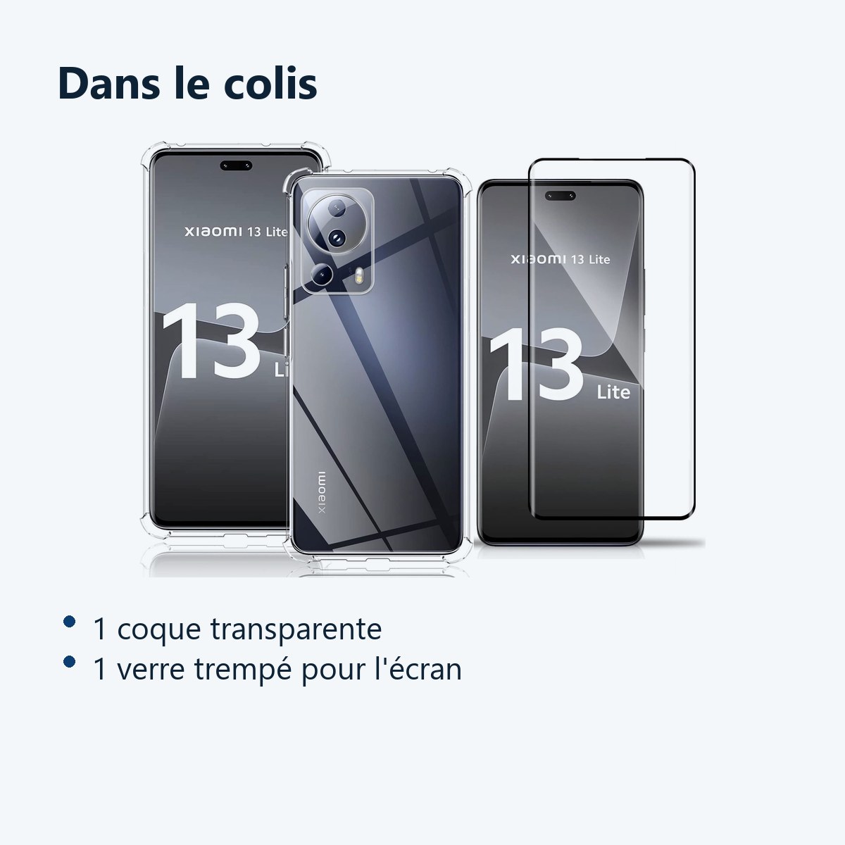 Contenu du colis – Coque Silicone Transparente Angles Renforces + Verre Trempe Pour Xiaomi 13 Lite