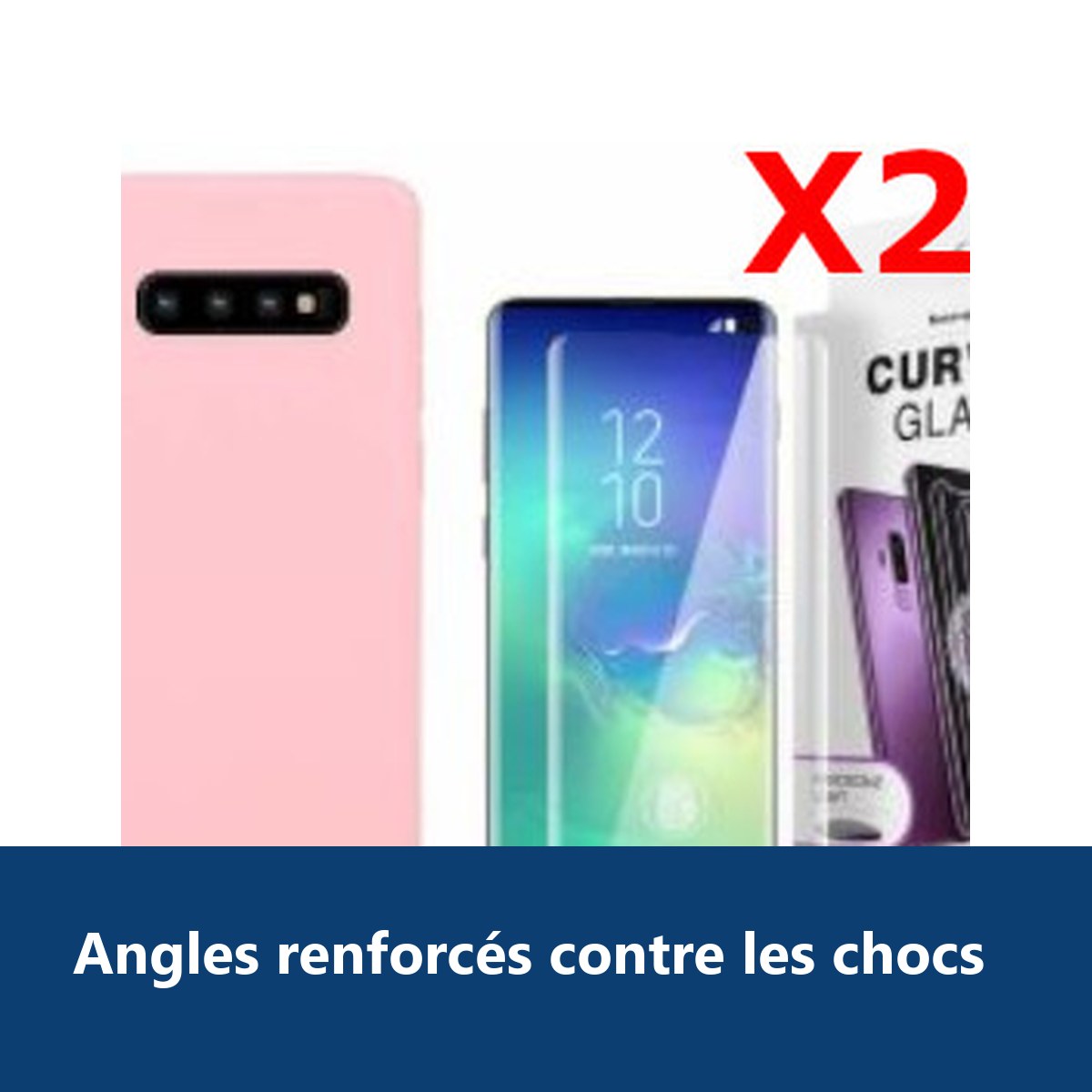 Vue de détail – Coque Silicone pour Samsung S10 Plus Etui de Protection Rose Antichoc + 2 Verres Trempes