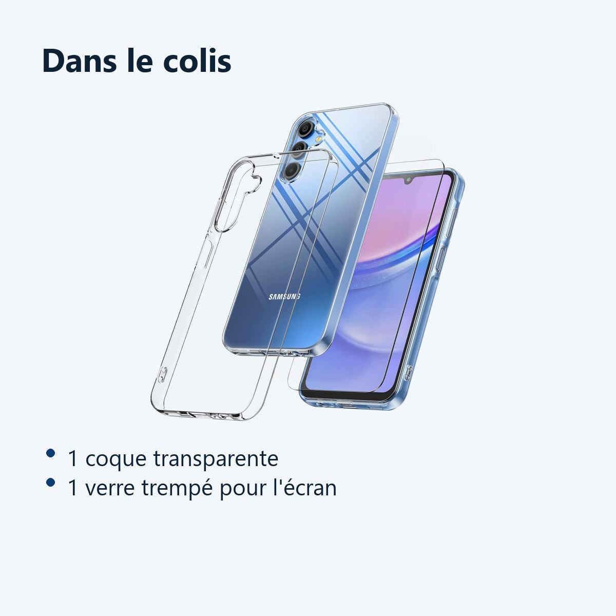Contenu du colis – Coque Silicone Transparente + Verre Trempe Pour Samsung Galaxy A15