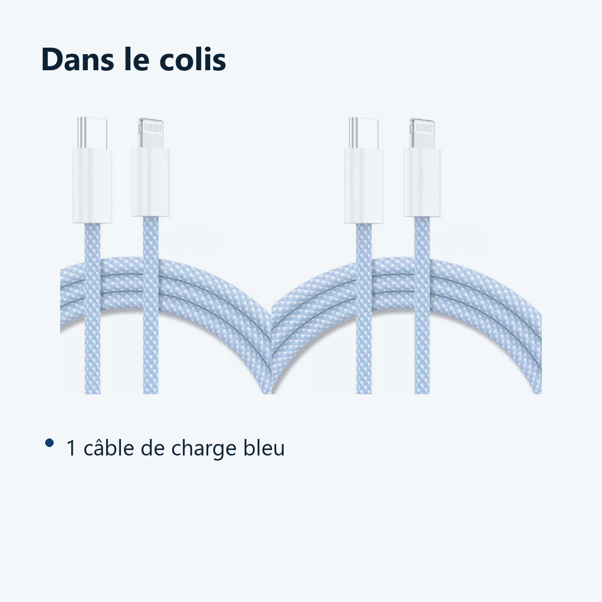 Contenu du colis – Cables X2 Type-C Charge Rapide Nylon Renforce Bleu 2M Pour iPhone 8 / X / XR / 11 / 12 / 13 / SE 2022