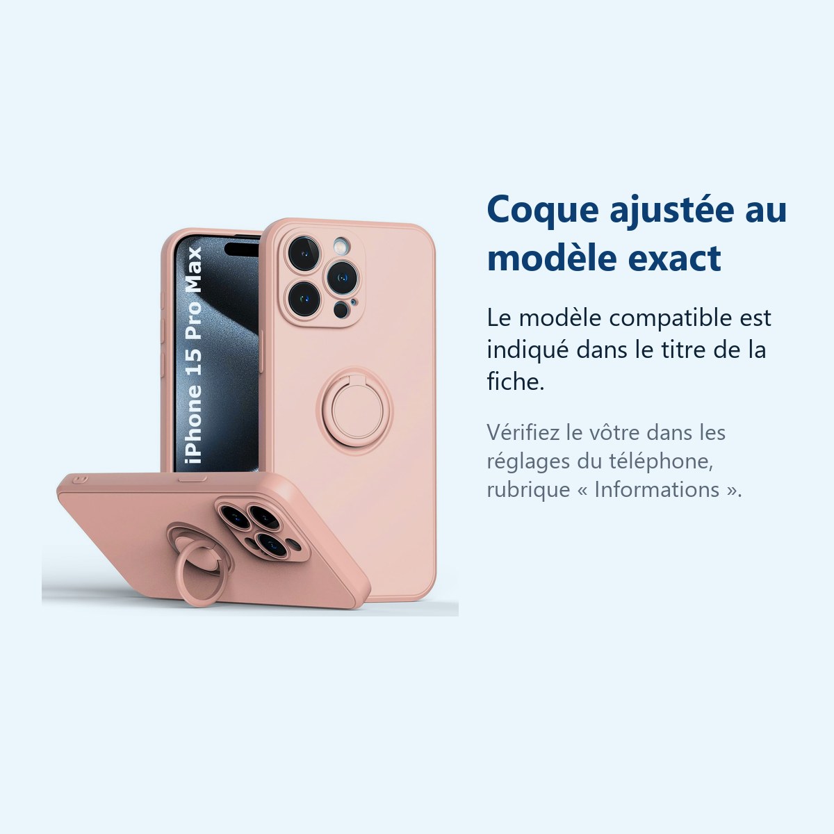 Accessoire ajusté au modèle exact – Coque Silicone Pour iPhone 15 Pro Max Couleur Rose Avec Anneau Support
