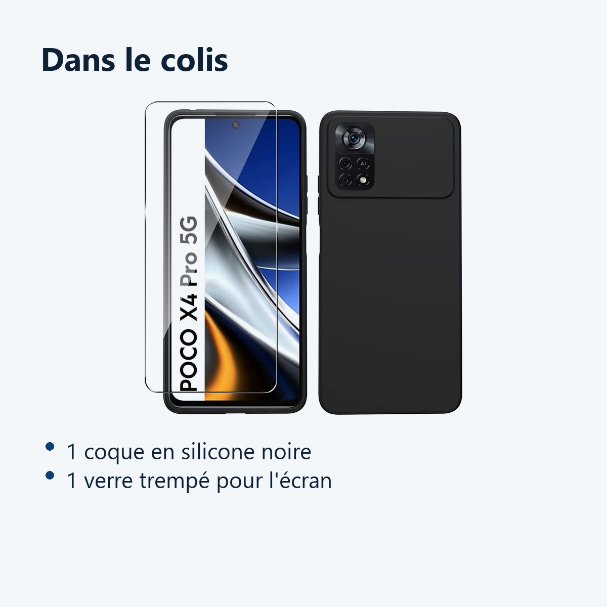 Contenu du colis – Coque Silicone Noir + Verre Trempe Pour Poco X4 Pro 5G