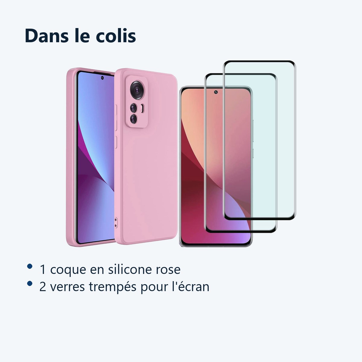 Contenu du colis – Coque Silicone Rose + 2 Verres Trempes Pour Xiaomi 12 / 12x
