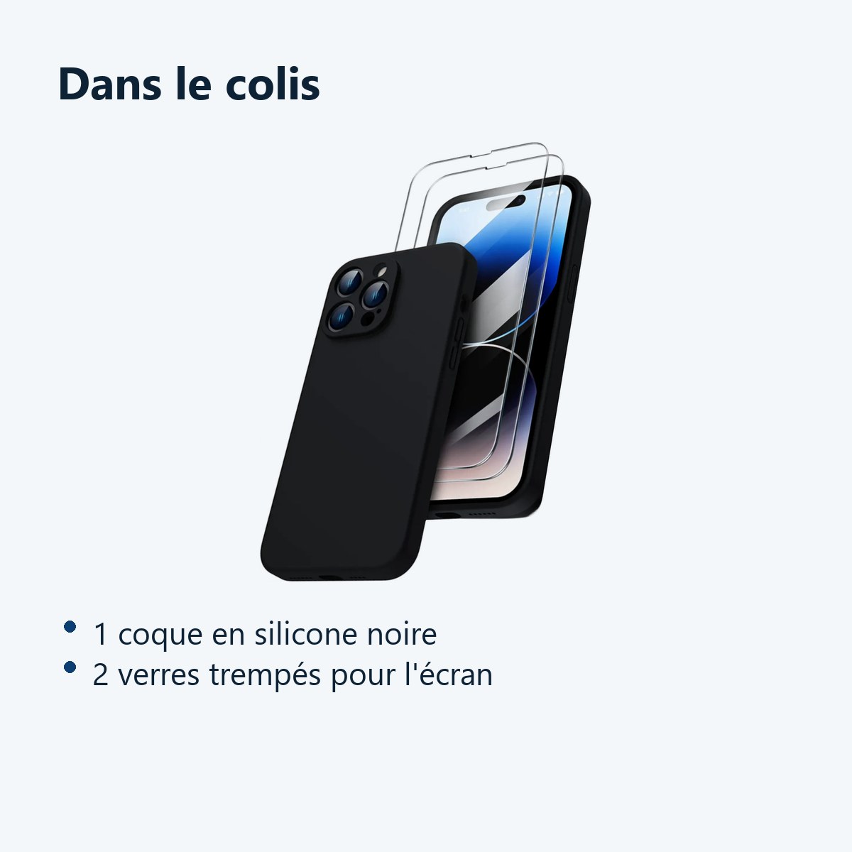 Contenu du colis – Coque Silicone Couleur Noire + 2 Verres Trempes Pour iPhone 14 Pro