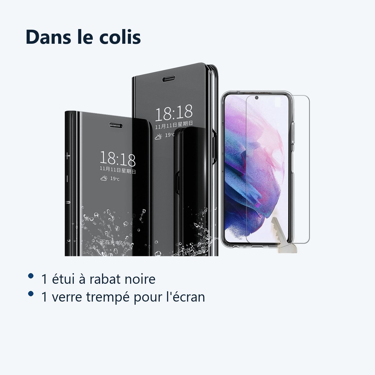 Contenu du colis – Coque Folio Rabat Miroir Noir + Verre Trempe Pour Samsung Galaxy S22 5G