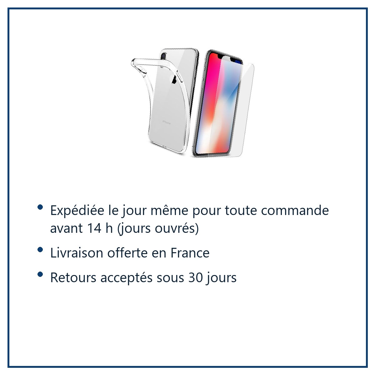 Expédition le jour même, livraison offerte, retours sous 30 jours – Coque Silicone transparente + Verre Trempe pour iPhone X/