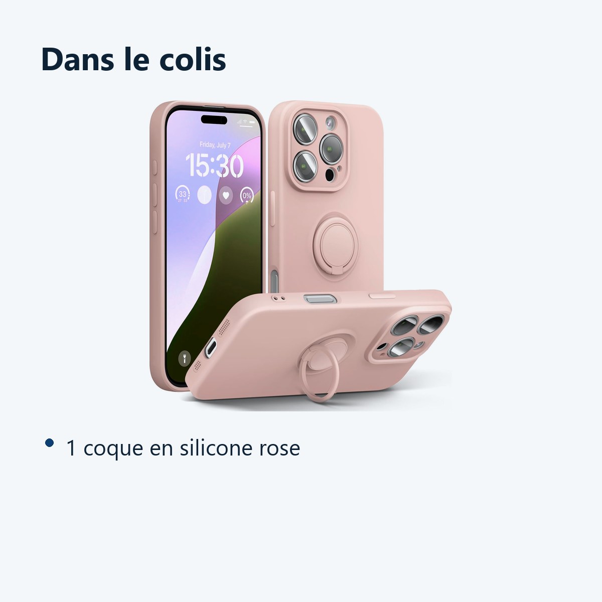 Contenu du colis – Coque Silicone Pour iPhone 16 Pro Couleur Rose Avec Anneau Support