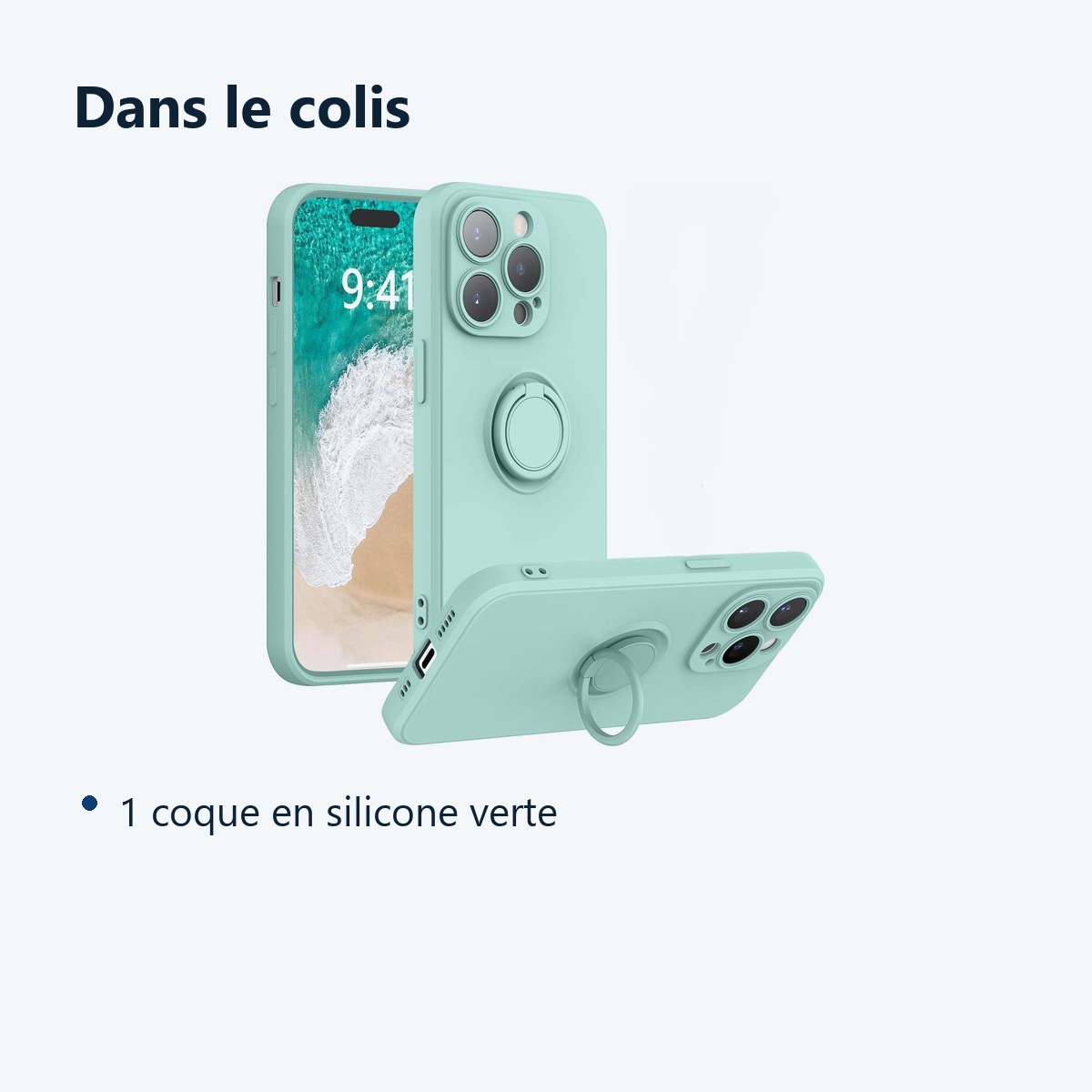 Contenu du colis – Coque Silicone Pour iPhone 14 Pro Max Couleur Vert Avec Anneau Support