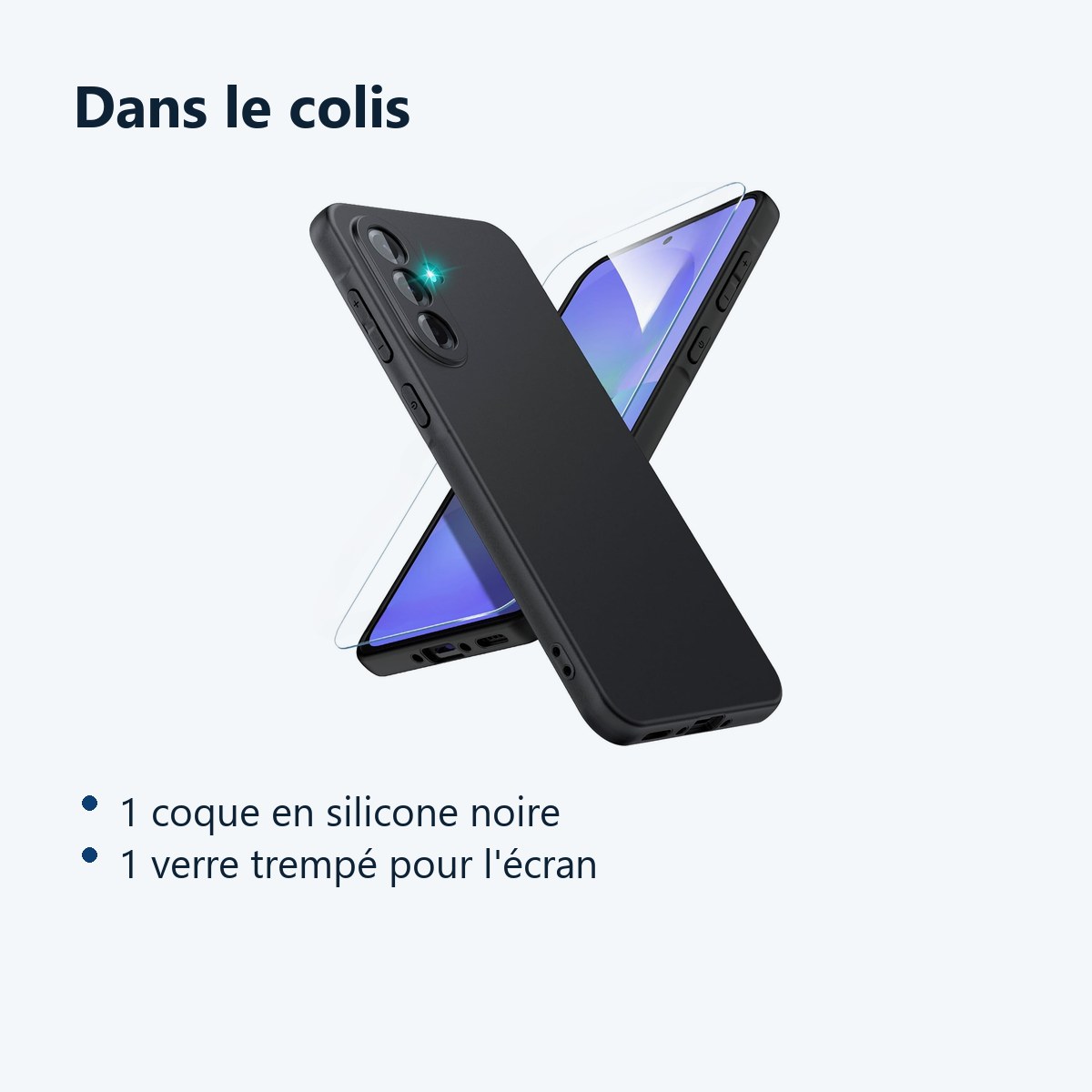Contenu du colis – Coque Pour Samsung Galaxy A36 5G Silicone Noir + Verre Trempe