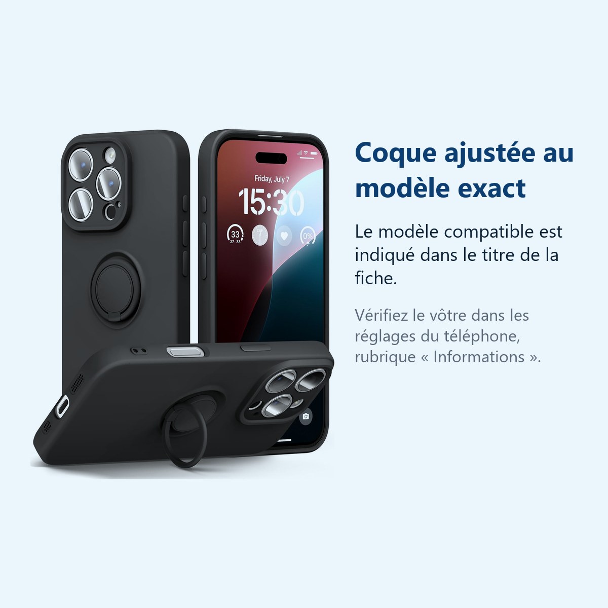 Accessoire ajusté au modèle exact – Coque Silicone Pour iPhone 16 Pro Max Couleur Noir Avec Anneau Support