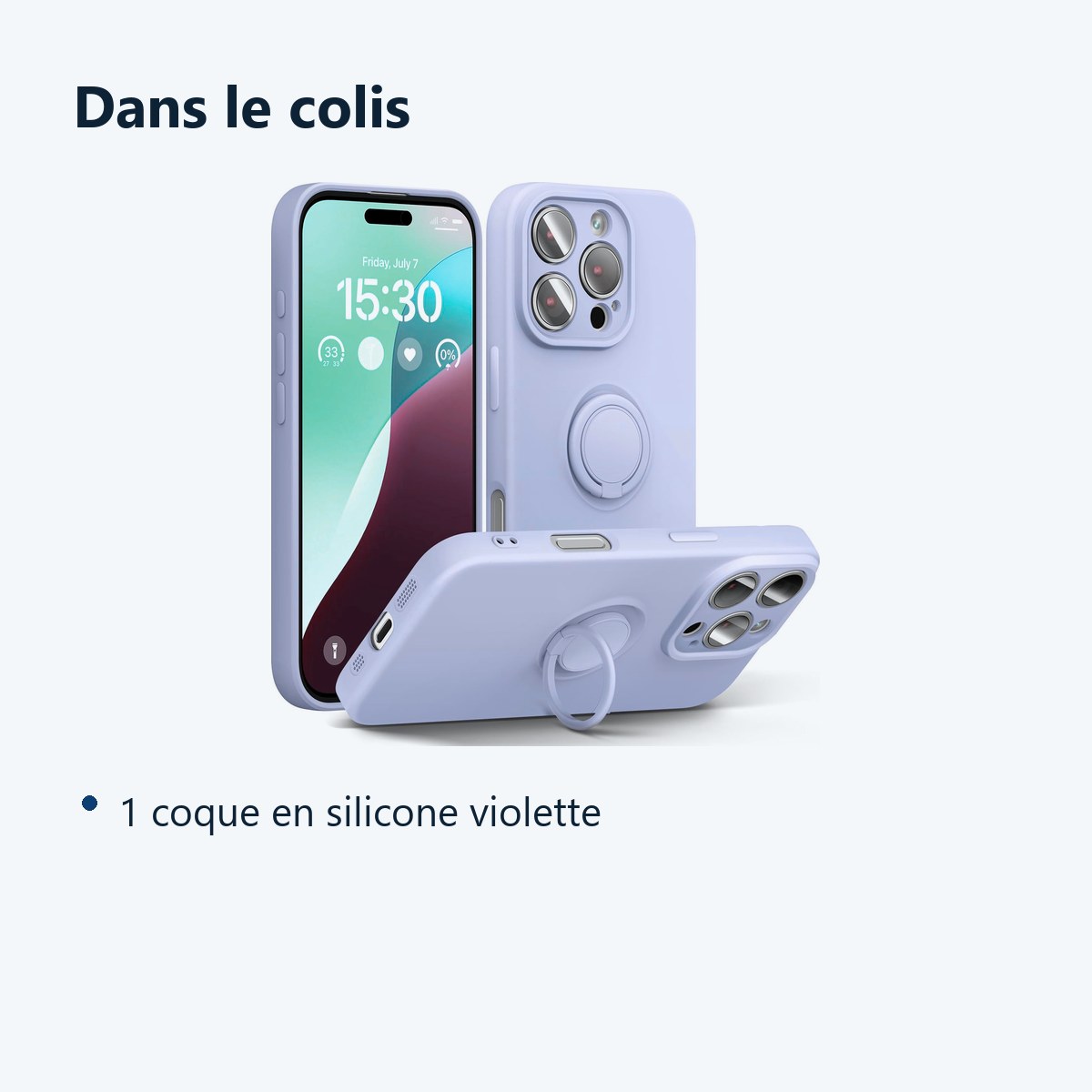 Contenu du colis – Coque Silicone Pour iPhone 16 Pro Max Couleur Violet Avec Anneau Support