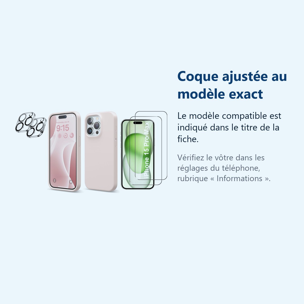 Accessoire ajusté au modèle exact – Coque Silicone Rose + Verres Trempes et Protections Camera Arriere X2 Pour iPhone 15 Pro