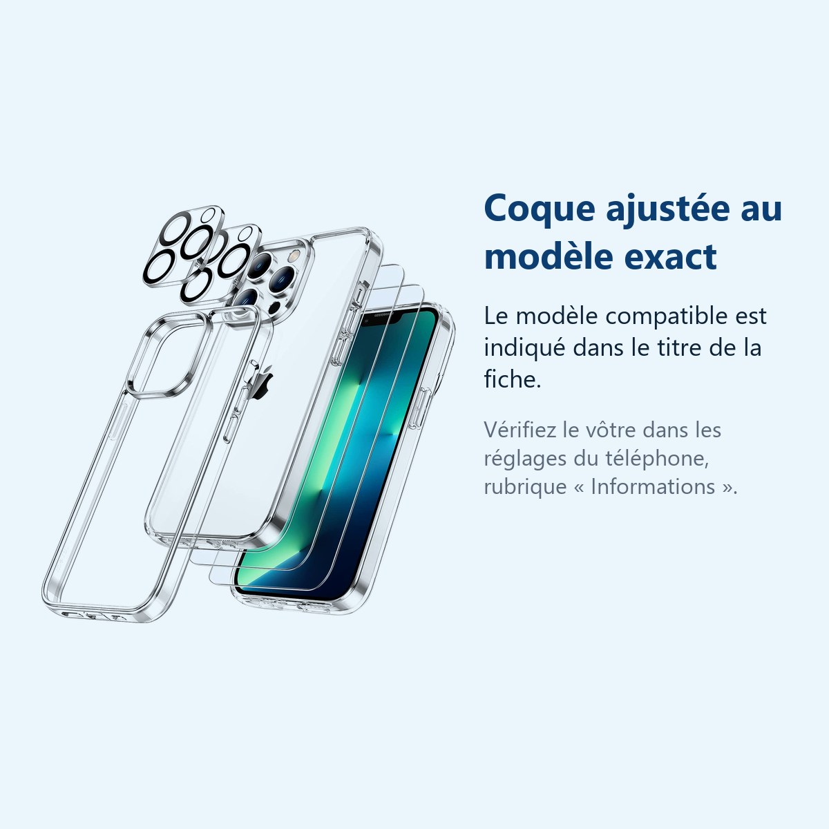 Accessoire ajusté au modèle exact – Coque Silicone Transparente + Verres Trempes et Protections Camera Arriere X2 Pour iPhone