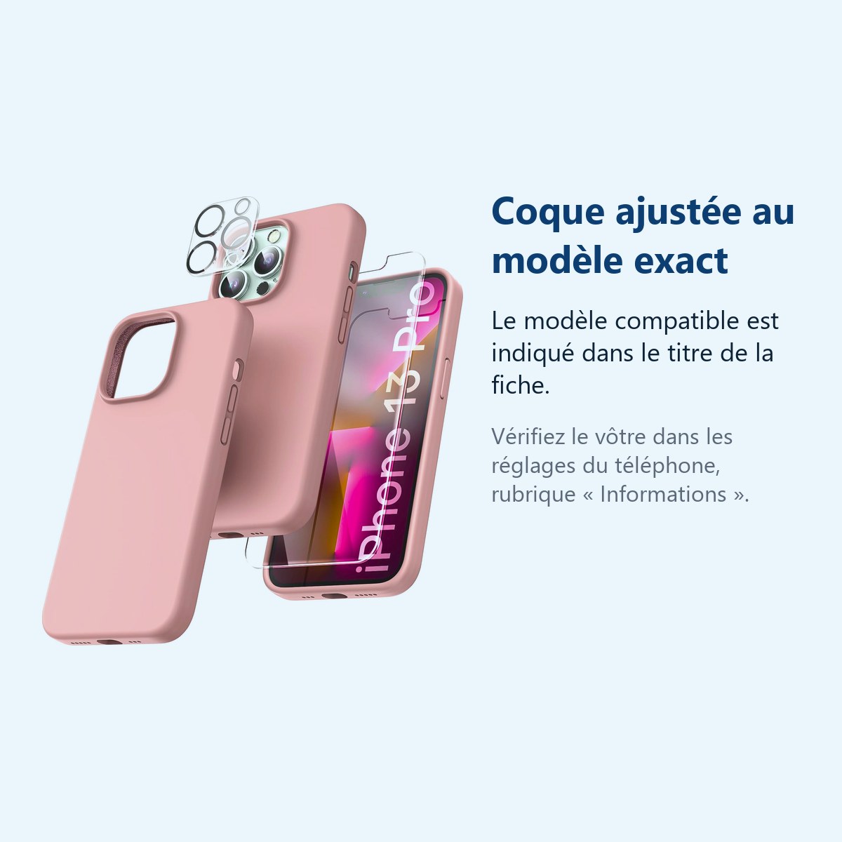 Accessoire ajusté au modèle exact – Coque Silicone Rose + Verres Trempes et Protections Camera Arriere X2 Pour iPhone 13 Pro