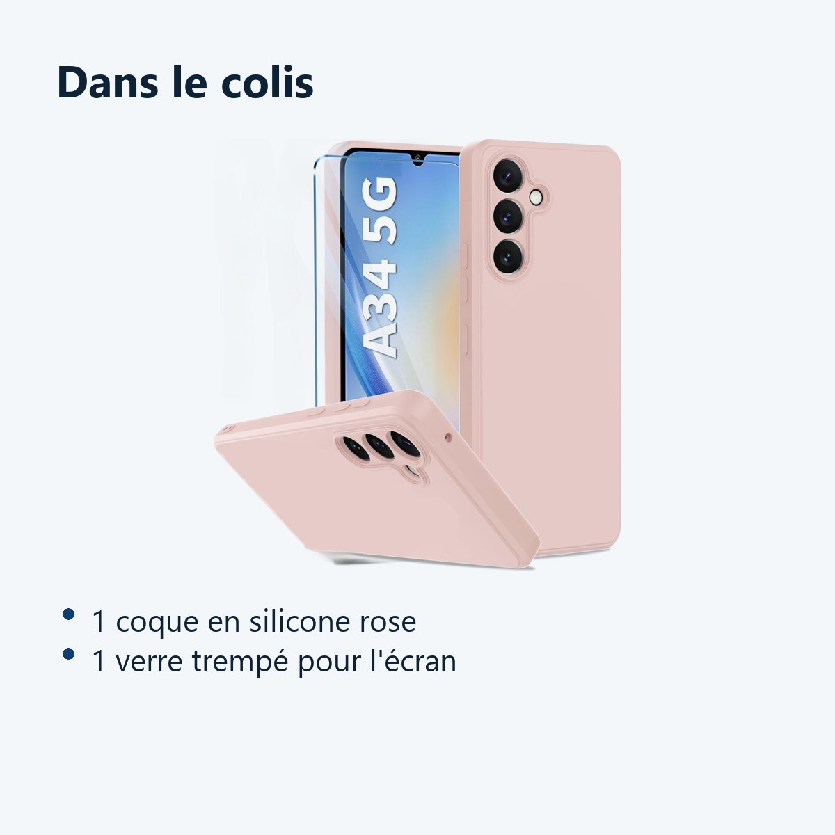 Contenu du colis – Coque Pour Samsung Galaxy A35 5G Silicone Rose + Verre Trempe