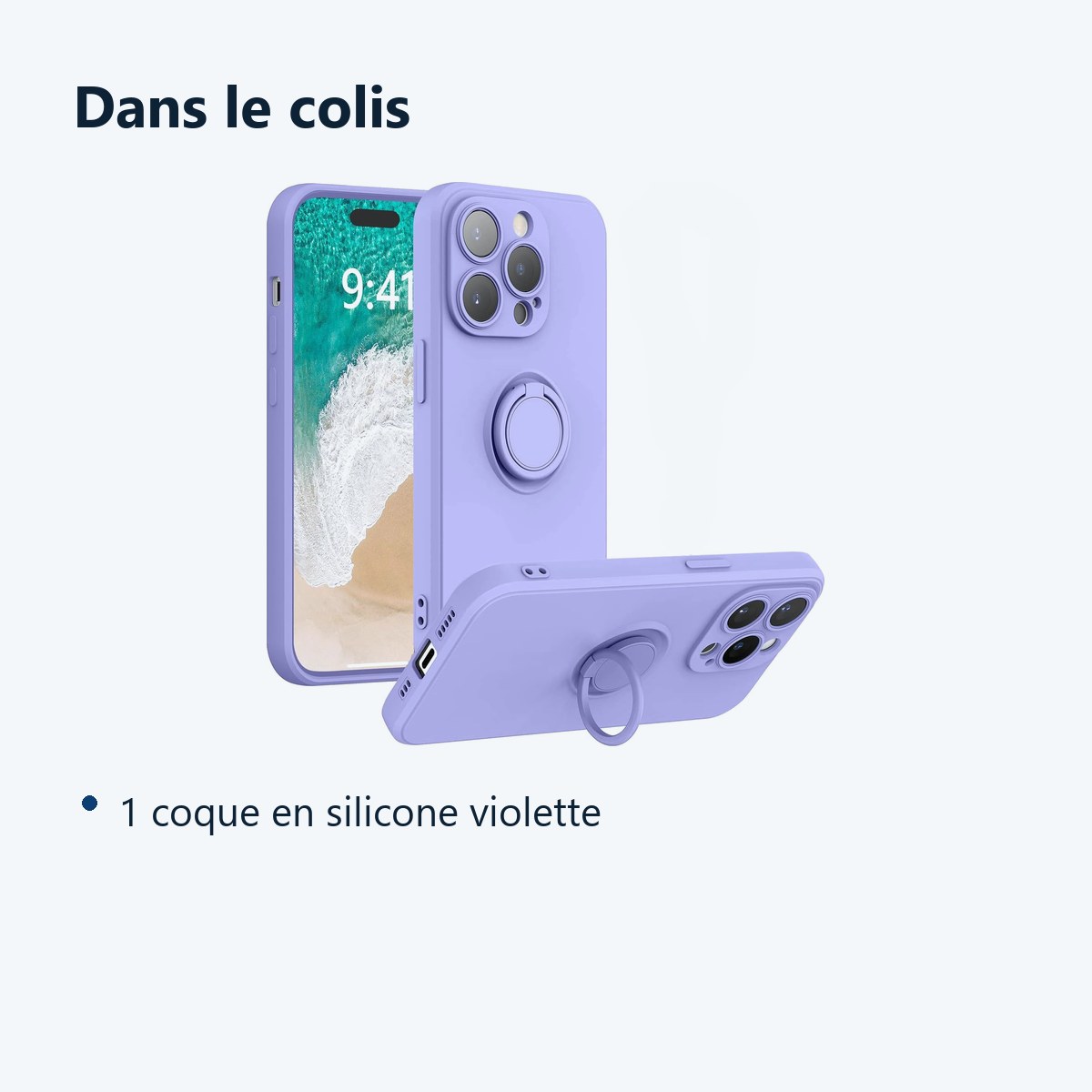 Contenu du colis – Coque Silicone Pour iPhone 14 Pro Couleur Violet Avec Anneau Support