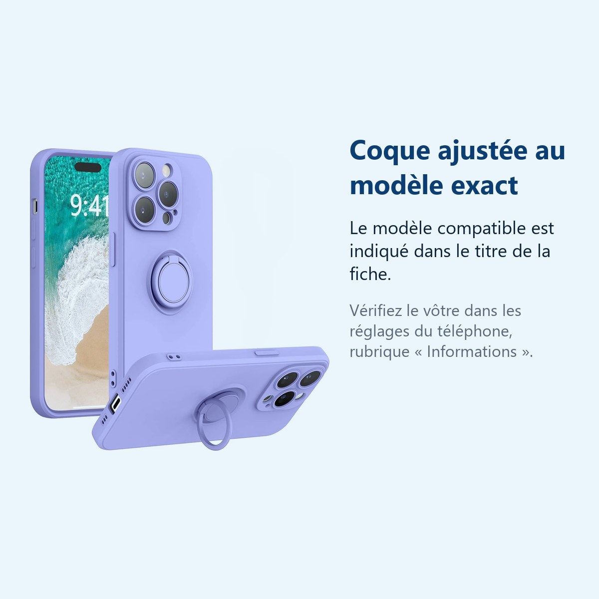 Accessoire ajusté au modèle exact – Coque Silicone Pour iPhone 14 Pro Couleur Violet Avec Anneau Support