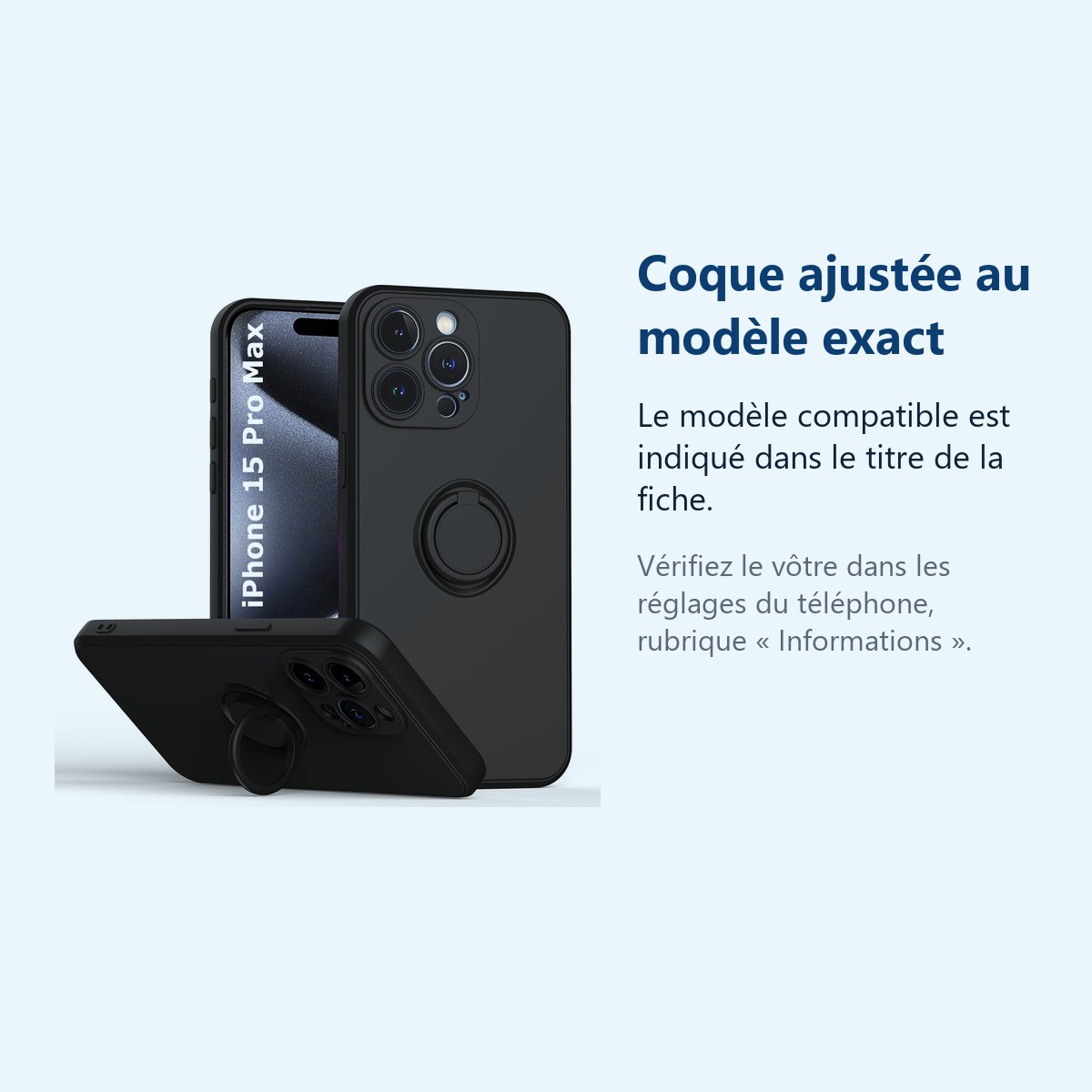 Accessoire ajusté au modèle exact – Coque Silicone Pour iPhone 15 Pro Max Couleur Noir Avec Anneau Support