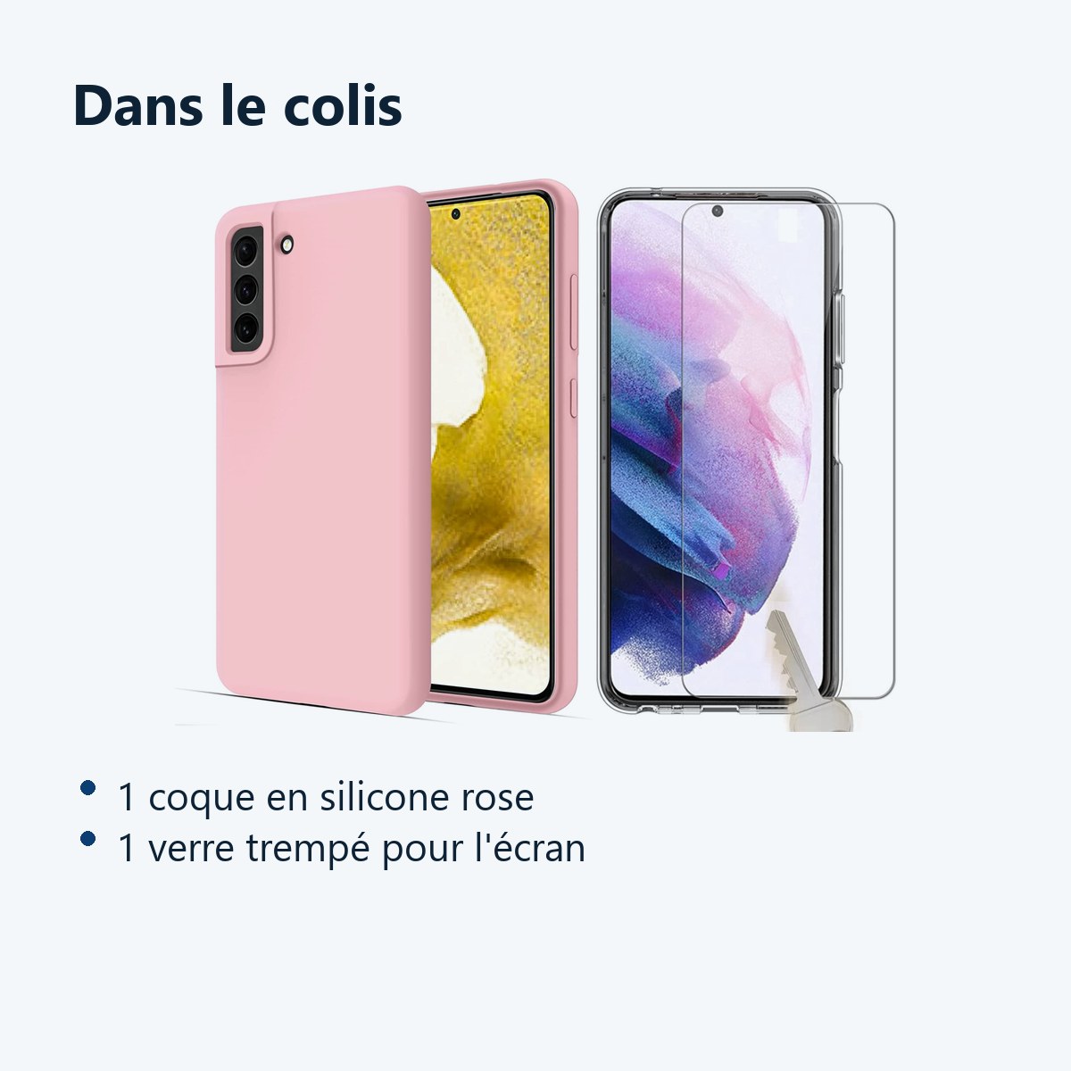 Contenu du colis – Coque Silicone Rose + Verre Trempe Pour Samsung Galaxy S22 5G
