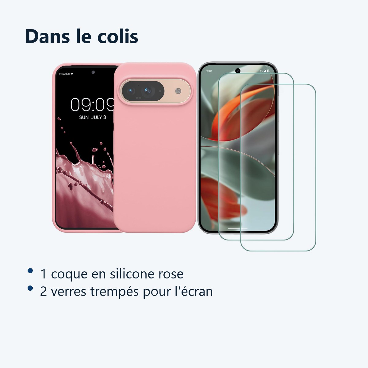 Contenu du colis – Coque Silicone Rose + 2 Verres Trempes Pour Google Pixel 9 Pro