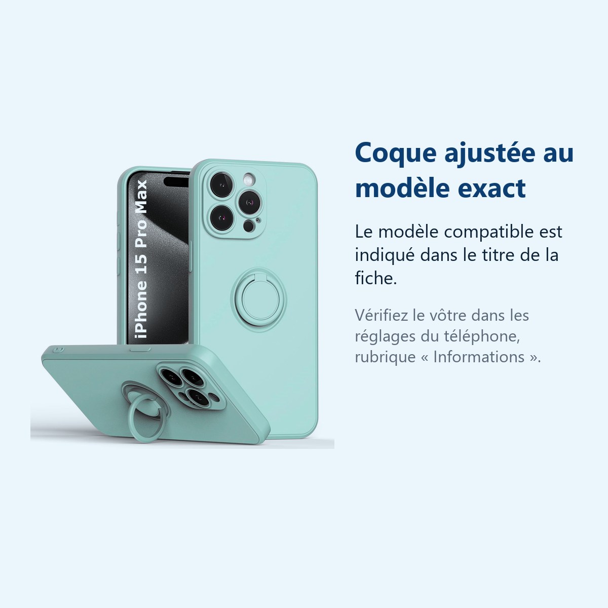 Accessoire ajusté au modèle exact – Coque Silicone Pour iPhone 15 Pro Max Couleur Vert Avec Anneau Support