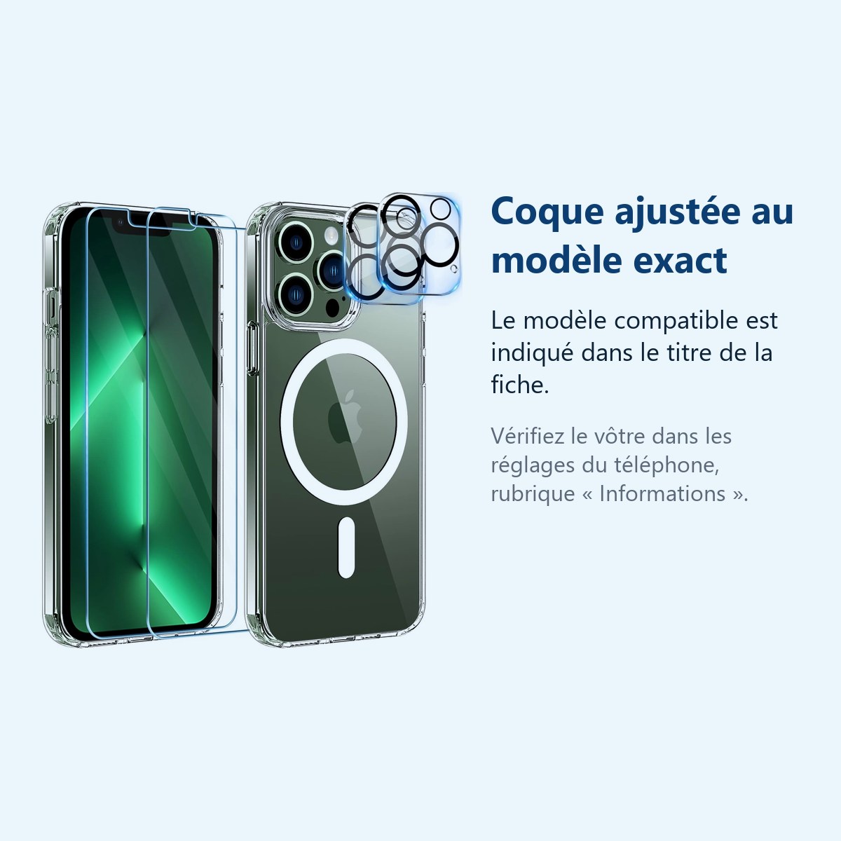 Accessoire ajusté au modèle exact – Coque Silicone Transparente Compatible Magsafe + Verres Trempes et Protections Camera Arr