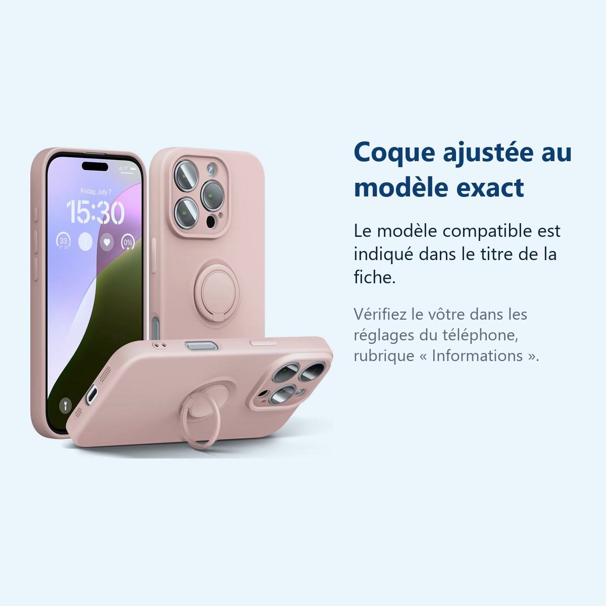 Accessoire ajusté au modèle exact – Coque Silicone Pour iPhone 16 Pro Max Couleur Rose Avec Anneau Support