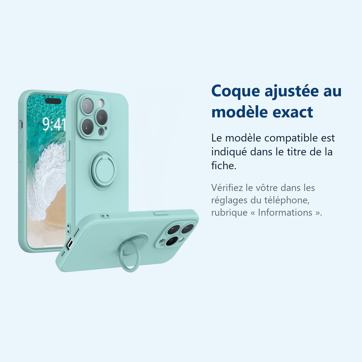 Accessoire ajusté au modèle exact – Coque Silicone Pour iPhone 14 Pro Couleur Vert Avec Anneau Support