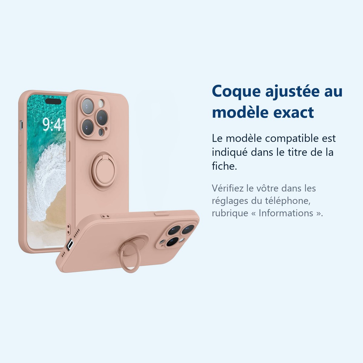 Accessoire ajusté au modèle exact – Coque Silicone Pour iPhone 14 Pro Couleur Rose Avec Anneau Support