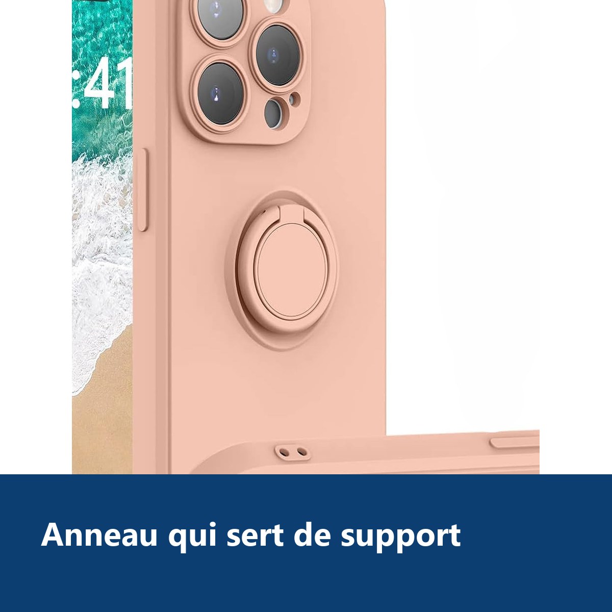 Vue de détail – Coque Silicone Pour iPhone 14 Pro Couleur Rose Avec Anneau Support
