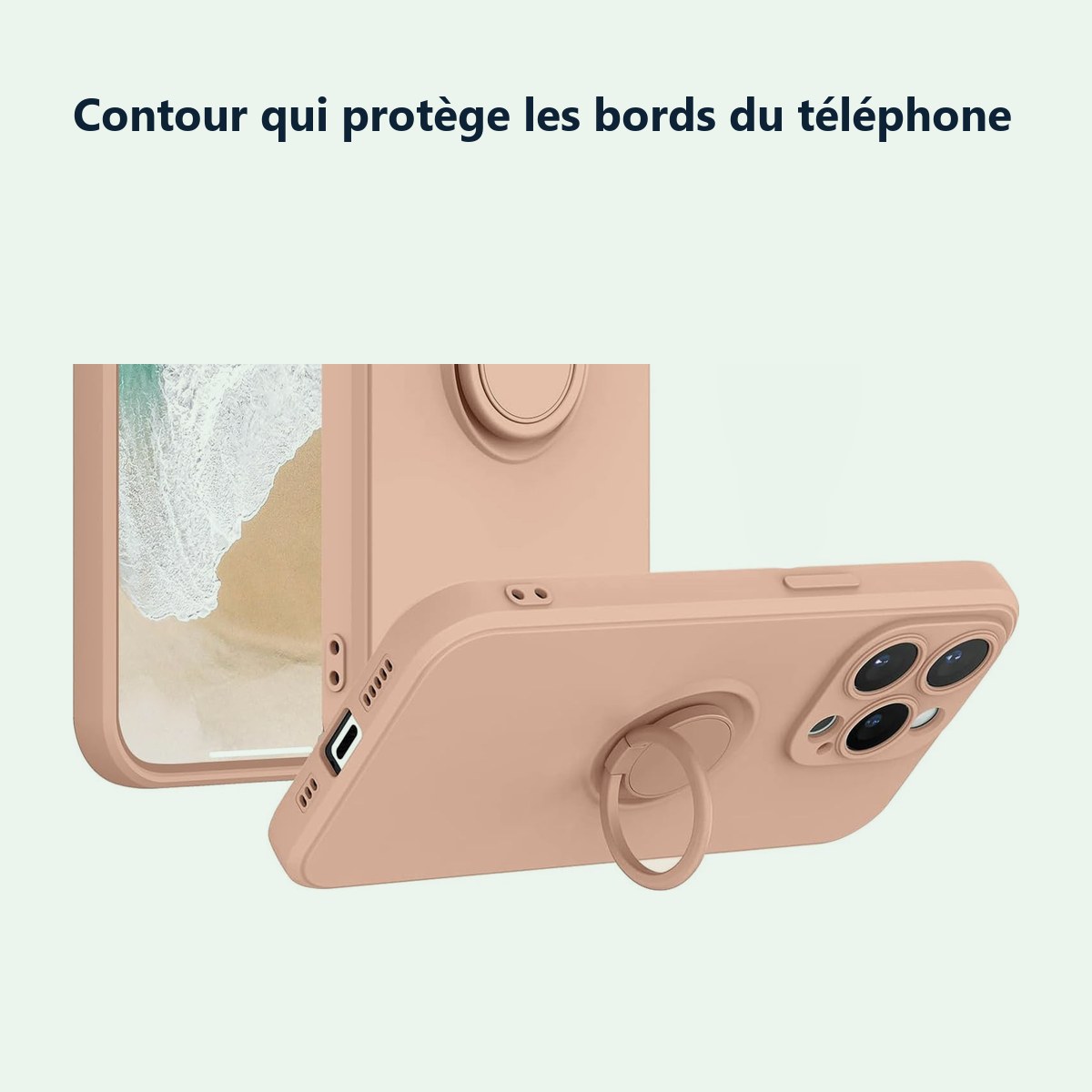 Contour qui protège les bords – Coque Silicone Pour iPhone 14 Pro Couleur Rose Avec Anneau Support