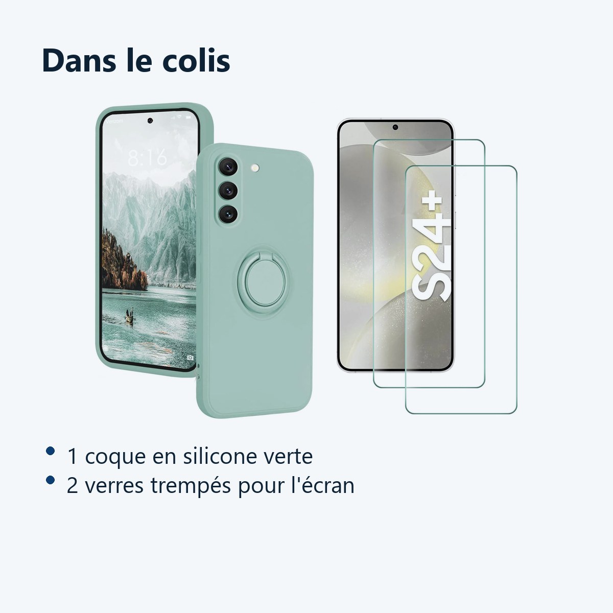 Contenu du colis – Coque Silicone Pour Samsung Galaxy S24 Plus Couleur Vert Avec Anneau Support + 2 Verres Trempe Protection
