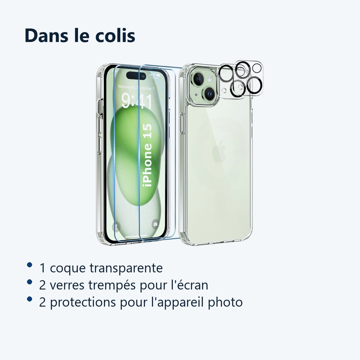 Contenu du colis – Coque Silicone Transparente + Verres Trempes et Protections Camera Arriere X2 Pour iPhone 15