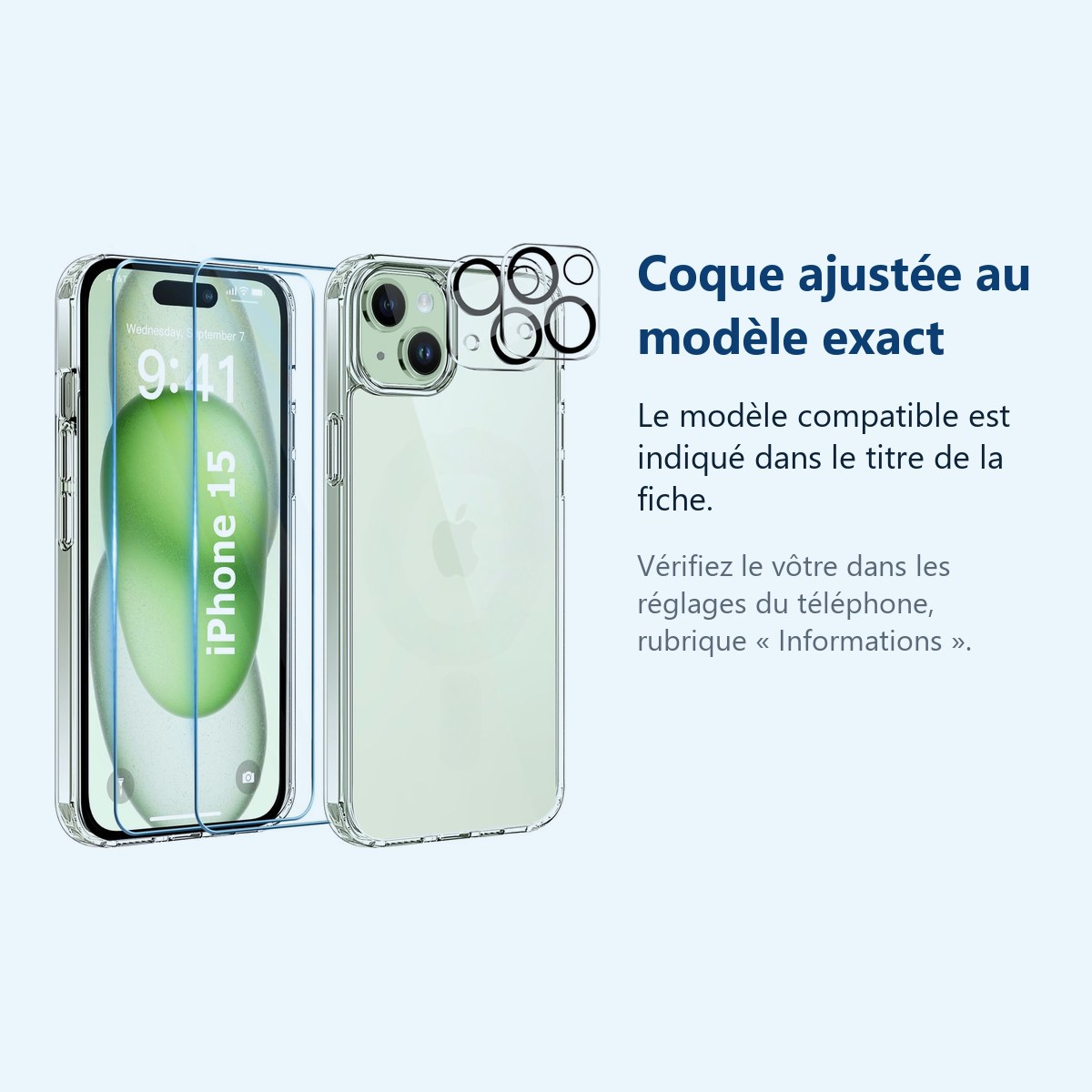 Accessoire ajusté au modèle exact – Coque Silicone Transparente + Verres Trempes et Protections Camera Arriere X2 Pour iPhone